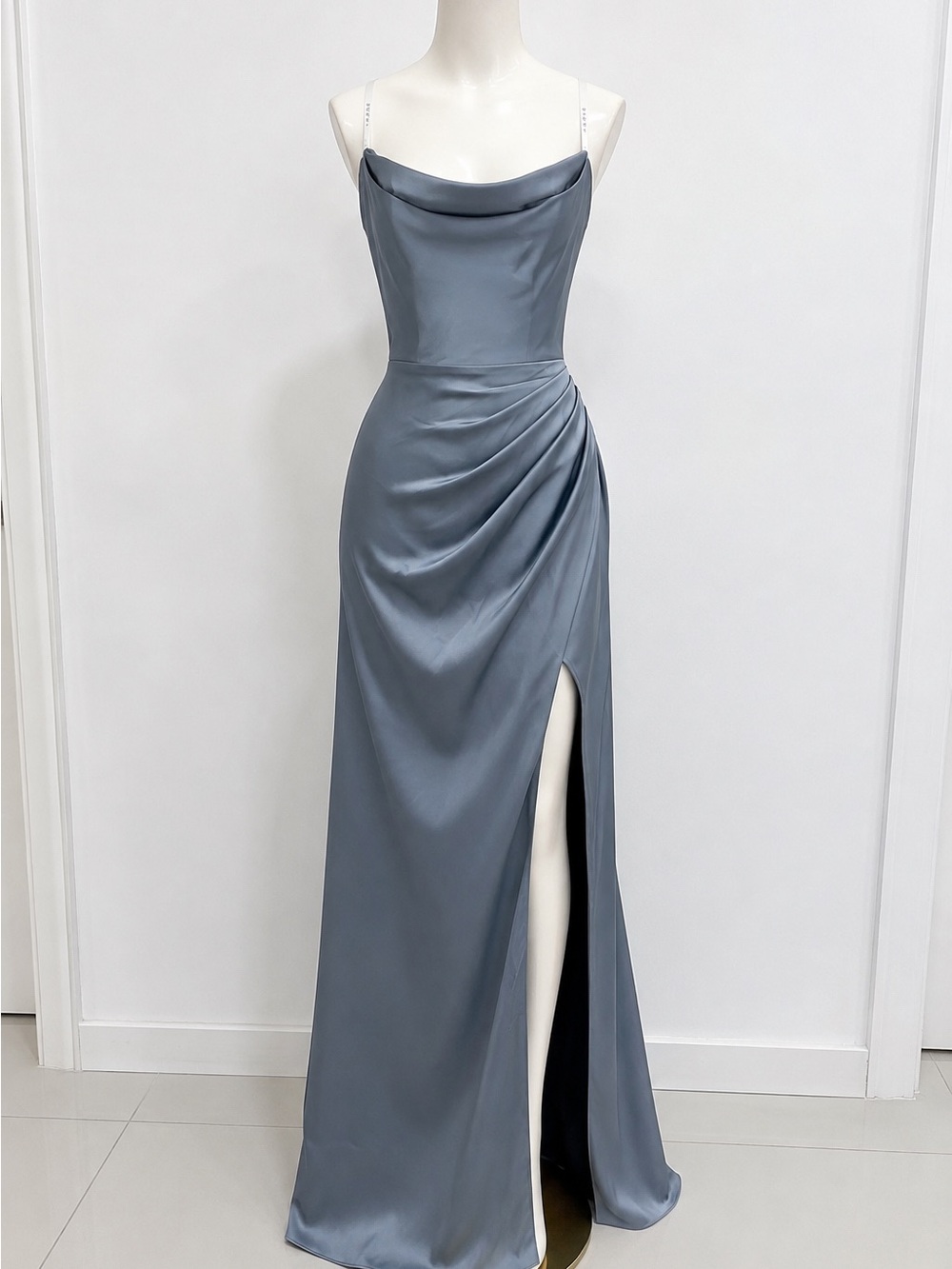 Azazie Satin Cowl Neck Maxi Gown in Slate Blue
